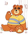  2020 absurd_res animal_crossing anthro balls belly blush brown_body brown_fur eyes_closed flaccid fur genitals hi_res humanoid_genitalia humanoid_penis kemono male mammal nintendo overweight overweight_male penis quanjiang simple_background sitting solo teddy_(animal_crossing) ursid video_games white_background 