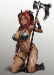  2020 axe battle_axe bikini breasts brown_body brown_skin clothed clothing female hair hi_res holding_object holding_weapon horn horned_humanoid houtengeki humanoid humanoid_pointy_ears jewelry kneeling melee_weapon navel necklace not_furry one_eye_closed red_hair scar smile solo swimwear tattoo weapon wink yellow_eyes 