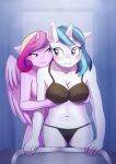  absurd_res apricalico big_breasts blush bra breasts cleavage clothed clothing crossgender duo equid friendship_is_magic grabbing_from_behind hand_on_breast hi_res horn looking_back mammal my_little_pony nude panties princess_cadance_(mlp) shining_armor_(mlp) underwear unicorn winged_unicorn wings 