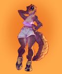  2020 5_fingers anthro breasts clothing digital_media_(artwork) female fingers fivel footwear hi_res non-mammal_breasts orange_background reptile scalie shoes simple_background snake solo 
