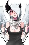  2016 absurd_res alpha_channel black_nails breasts clothing colored_nails ear_piercing female front_view hair hair_over_eye hi_res humanoid lips monotone_clothing nails neck_tuft one_eye_obstructed open_mouth oppaihobby piercing silver_hair solo teeth tuft white_body wings 