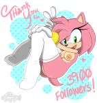  &lt;3 absurd_res amy_rose anthro anus breasts clothing eulipotyphlan eyelashes female genitals gesture gloves green_eyes handwear hedgehog hi_res legwear looking_at_viewer lying mammal nipples on_back open_mouth pink_body pink_skin pose pussy sirenslut smile solo sonic_the_hedgehog_(series) stockings text thank_you v_sign 