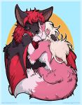  anthro bat_wings black_body black_fur canid canine canis chiropteran duo eyes_closed female fox fur hair hug hybrid male male/female mammal membrane_(anatomy) membranous_wings nude o-kemono pink_body pink_fur red_eyes red_hair red_wings white_hair wings wolf 