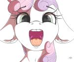  2020 absurd_res azerta56 digital_media_(artwork) equid eyebrows eyelashes female feral friendship_is_magic front_view hi_res horn looking_at_viewer mammal mouth_shot my_little_pony open_mouth signature solo sweetie_belle_(mlp) teeth tongue unicorn 