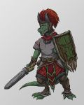  2020 4:5 absurd_res anthro belt brian_patterson brown_clothing claws clothed clothing finger_claws full-length_portrait green_body green_scales hi_res holding_object holding_shield holding_sword holding_weapon melee_weapon portrait red_clothing reptile scales scalie shield simple_background sword teeth weapon 