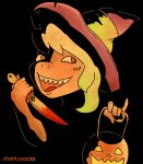  2019 5_fingers anthro blonde_hair blood bodily_fluids claws clothing dark_background digital_media_(artwork) eyelashes female fingers fish hair halloween hat headgear headwear hi_res holidays jack-o&#039;-lantern knife magic_user marine open_mouth pentagram red_eyes robe shark sharkysocks simple_background smile solo witch witch_hat 