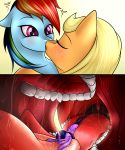  absurd_res applejack_(mlp) azerta56 bodily_fluids cutie_mark digital_media_(artwork) earth_pony equid equine eyebrows eyelashes eyes_closed female feral freckles friendship_is_magic group hi_res horn horse kissing mammal micro my_little_pony pony rainbow_dash_(mlp) saliva simple_background teeth tongue twilight_sparkle_(mlp) vore winged_unicorn wings 