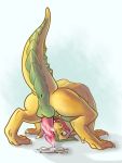  anus araphre balls bodily_fluids butt cum cum_drip cum_on_penis dragon dripping genital_fluids genitals green_body green_scales looking_at_penis looking_back looking_pleasured male messy monsterfuzz penis raised_tail scales solo tongue tongue_out yellow_body 