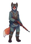  2020 absurd_res anthro black_nose canid canine clothed clothing color_fox dipstick_tail footwear fox full-length_portrait fur hi_res holding_object holding_weapon looking_at_viewer mammal multicolored_tail orange_body orange_fur orange_tail portrait simple_background solo toeless_footwear two_tone_tail weapon white_background 
