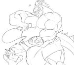  beard big_bulge boxers_(clothing) bulge chibi clothing controller dragon duo facial_hair game_controller goatee grin holding_object horn huge_bulge hyper hyper_bulge laggio male monochrome musclegut muscular nintendo nintendo_controller playing raised_arm sachiel_666 size_difference sketch smile underwear video_games wii wii_remote 