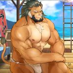 abs anthro arsalan asian_clothing beard blue_sky brown_body brown_eyes brown_fur bulge chest_tuft clothed clothing cloud east_asian_clothing facial_hair felid fundoshi fur green_hair hair japanese_clothing lion male mammal muscular muscular_male nipples outside p2yong pantherine pecs pink_nose sky solo tail_tuft teeth tokyo_afterschool_summoners topless tuft underwear vein video_games wet whiskers 
