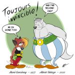  1:1 anthro asterix asterix_(character) black_text canid canine clothed clothing dipstick_tail duo english_text eyes_closed fully_clothed hands_behind_back male mammal monotone_tail multicolored_tail obelix speech_bubble text topless white_tail zorro_re 