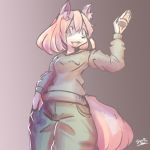  1:1 2019 5_fingers anthro black_nose bottomwear canid canine chatora_(pixiv) clothed clothing eyebrow_through_hair eyebrows female fingers fully_clothed hair hand_in_pocket humanoid_hands inner_ear_fluff mammal open_mouth pockets signature solo tongue topwear translucent translucent_hair tuft 
