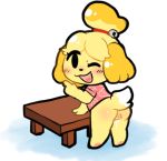  animal_crossing anthro butt canid canine canis clothing digital_media_(artwork) domestic_dog female fur genitals isabelle_(animal_crossing) looking_at_viewer mammal nintendo scorpico shih_tzu smile solo standing toy_dog video_games 