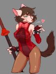  2020 aeris_(lordjimnor) anonymous_artist anthro blowing_kiss bow_tie breasts brown_hair bunny_costume canid canine canis clothing costume curvy_figure domestic_dog female fingerless_gloves gloves green_eyes hair hammer handwear hi_res legwear looking_at_viewer mammal pantyhose sleeve solo tools weapon 