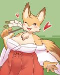  &lt;3 5_fingers anthro areola areola_slip armwear asian_clothing belly big_breasts black_nose blush breasts brown_body brown_fur canid canine cheek_tuft chest_tuft clothed clothing countershading detached_sleeves dipstick_ears ear_tuft east_asian_clothing facial_tuft female fingers fox fully_clothed fur green_background hakama haori head_tuft hi_res holding_object japanese_clothing kemono looking_at_viewer mammal miko_outfit multicolored_body multicolored_ears multicolored_fur multicolored_tail one_eye_closed open_mouth open_smile red_hakama sakiiti shrine_maiden simple_background slightly_chubby smile solo standing tan_body tan_countershading tan_fur tuft white_haori wide_hips wink 