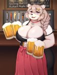  3:4 accessory alcohol anthro apron bar beer beer_mug beverage big_breasts black_clothing black_dress black_nose blush braided_hair braided_ponytail breasts cleavage clothed clothing curvy_figure detailed_background dirndl dress english_text eyewear female fully_clothed fur glasses grey_hair hair hair_accessory hairclip hi_res holding_beverage holding_glass holding_object huge_breasts inside jewelry kemono long_hair looking_at_viewer mammal menu necklace open_mouth open_smile pince-nez ponytail purple_eyes shibaemonxsk side_ponytail smile solo standing text ursid voluptuous waiter white_body white_fur wide_hips 