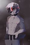  abs anthro black_nose canid canine canis clothed clothing collar hair hi_res lycanroc lyra_(nayeliefox) male mammal midnight_lycanroc nayel-ie nintendo pok&eacute;mon pok&eacute;mon_(species) red_eyes smile solo topless video_games white_hair wolf 