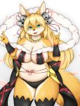  4_fingers anthro arm_warmers armwear bell belly big_breasts bikini black_nose blonde_hair breasts canid canine cheek_tuft choker cleavage clothed clothing countershading facial_tuft faeki_(character) female fingers flower_petals fox fur gesture hair hair_bell hi_res jewelry kemono legwear long_hair looking_at_viewer mammal midriff multicolored_body multicolored_fur neck_tuft necklace open_mouth open_smile petals shibaemonxsk simple_background skimpy slightly_chubby smile solo standing swimwear tan_body tan_countershading tan_fur teal_eyes thigh_highs tuft two_tone_body two_tone_fur white_background wide_hips yellow_body yellow_fur 