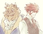  beast_(disney) beauty_and_the_beast blood_blockade_battlefront brown_body brown_fur clothed clothing crossover disney duo eyewear fangs fur glasses hair horn human ichi23 klaus_von_reinherz male mammal red_hair teeth 