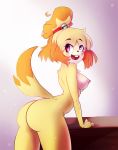  2020 animal_crossing anthro areola blonde_hair blush breasts butt canid canine canis digital_media_(artwork) dipstick_tail domestic_dog female hair hi_res hotpinkevilbunny isabelle_(animal_crossing) mammal multicolored_tail nintendo nipples open_mouth open_smile shih_tzu smile solo teeth toy_dog video_games 