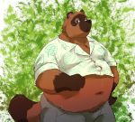  2020 absurd_res animal_crossing anthro belly blue_eyes brown_body brown_fur canid canine clothing fur hi_res kemono lost_out_gi male mammal navel nintendo overweight overweight_male raccoon_dog shirt solo tanuki tom_nook_(animal_crossing) topwear video_games 