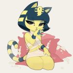  1:1 2020 animal_crossing ankha_(animal_crossing) anthro blue_hair chest_wraps digital_media_(artwork) domestic_cat egyptian evehly felid feline felis female hair licking looking_at_viewer mammal nintendo short_hair solo striped_tail stripes tongue tongue_out video_games wraps 
