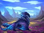  2020 ambiguous_gender claws day detailed_background digital_media_(artwork) dragon feral grass horn membrane_(anatomy) membranous_wings outside raxrie scales scalie sky solo spines western_dragon wings wyvern 