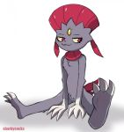  3_fingers 3_toes ambiguous_gender anthro barefoot claws eyelashes fangs feathers feet feet_up fingers foot_focus fur grey_body hair hi_res nintendo nude pok&eacute;mon pok&eacute;mon_(species) red_body red_eyes red_feathers sharkysocks simple_background sitting smile smug soles solo solo_focus toes video_games weavile white_hands 