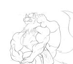  5_fingers anthro big_muscles canid canine canis clothing eyes_closed fingers grin huge_muscles kiba_ookami loincloth male mammal monochrome muscular sachiel_666 sketch sleeveless_shirt smile solo wolf 