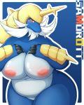  2019 4:5 alternate_version_at_source anthro anthrofied areola bedroom_eyes belly big_breasts big_butt black_claws blue_background blue_body blue_skin blush breasts butt claws curvy_figure cute_fangs english_text featureless_crotch female hi_res holding_breast horn huge_breasts inverted_nipples kemono looking_at_viewer mammal narrowed_eyes navel nintendo nipples nude orange_eyes pok&eacute;mon pok&eacute;mon_(species) pok&eacute;morph samurott seductive shibaemonxsk simple_background slightly_chubby smile solo standing text thick_thighs video_games voluptuous white_body white_skin wide_hips 