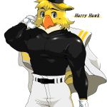  1:1 accipitrid accipitriform anthro avian beak belt bird black_clothing black_topwear bottomwear character_name chikuwabu clothed clothing feathers fukuoka_softbank_hawks fully_clothed gloves handwear harry_hawk hat headgear headwear looking_at_viewer male mascot monotone_beak monotone_gloves monotone_handwear muscular muscular_male nippon_professional_baseball orange_beak simple_background solo topwear white_background white_clothing white_gloves yellow_body yellow_feathers 