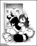  2020 anthro bed bedroom black_border border clothed clothing domestic_cat duo felid feline felis female fur furniture hair mammal monochrome o-kemono o-kemono_(character) pussycat_(o-kemono) topless 