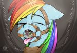  absurd_res applejack_(mlp) azerta56 ball_gag chain cutie_mark digital_media_(artwork) duo earth_pony equid equine eyebrows eyelashes female feral friendship_is_magic gag green_eyes hi_res hooves horse mammal micro my_little_pony one_eye_closed pony rainbow_dash_(mlp) tongue tongue_out trapped vore 