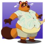  1:1 aloha_shirt animal_crossing anthro belly blush canid canine disembodied_hand embarrassed male mammal nintendo overweight overweight_male pinch pokelai raccoon_dog solo tanuki tom_nook_(animal_crossing) video_games 