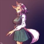  1:1 2019 anthro bottomwear breasts canid canine chatora_(pixiv) clothed clothing female fox fully_clothed fur gradient_background hair inner_ear_fluff kemono looking_at_viewer mammal open_mouth pleated_skirt signature simple_background skirt solo tongue tuft two_tone_tail white_body white_fur 