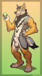  4_toes 5_fingers abs animal_genitalia anthro arm_tuft ball ball_tuft balls biceps biped body_hair canid canine canis cheek_tuft chest_hair chest_tuft claws coyote elbow_tufts eyebrows facial_tuft fangs fingers fully_sheathed fur genitals grin handpaw head_tuft holding_object male mammal multicolored_body multicolored_fur muscular muscular_male neck_tuft nude paws pecs pubes raised_eyebrow sheath simple_background smile solo sorakirbys teeth tennis_ball toe_claws toes tuft 