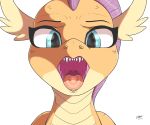  2020 absurd_res ambiguous_gender azerta56 digital_media_(artwork) dragon eyebrows fangs friendship_is_magic front_view hi_res looking_at_viewer mouth_shot my_little_pony scales scalie sharp_teeth signature simple_background smolder_(mlp) solo teeth tongue white_background 