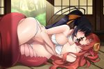  2020 akeno_himejima arm_grab blush breast_squish breasts breasts_frottage butt clothing detailed_background duo eye_contact female female/female female_on_human hair high_school_dxd human inside lamia light lindaroze_(artist) looking_at_another lying mammal miia_(monster_musume) monster_girl_(genre) monster_musume navel on_back open_mouth red_body red_ears red_scales reptile scales scalie serpentine snake squish tongue tongue_out white_clothing 