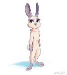  2020 anthro brown_eyes featureless_crotch female flat_chested fur hi_res lagomorph leporid looking_at_viewer mammal nude rabbit ribbontini signature simple_background solo standing tan_body tan_fur white_background 