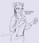 2020 anthro black_and_blue clothing dialogue english_text eyewear female glasses hair hi_res looking_down lord_magicpants mammal monochrome mouse murid murine ponytail rodent scientist shirt solo surprise text topwear whiskers 