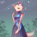  1:1 2019 anthro blue_clothing blue_topwear bottomwear breasts canid canine chatora_(pixiv) clothing female fur fur_tuft humanoid_hands inner_ear_fluff looking_at_viewer mammal monotone_clothing monotone_topwear night night_sky pleated_skirt signature skirt sky solo star starry_sky topwear tuft 