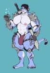  abs anthro armor blue_background bulge clothed clothing felid hi_res jockstrap longsword looking_at_viewer male mammal melee_weapon muscular muscular_male navel pan_(sxfpantera) pantherine partially_clothed simple_background snow_leopard solo sword sxfpantera thick_thighs topless underwear weapon 