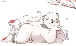  2020 anthro belly blush butt clothing felid feline fur hi_res humanoid_hands kemono leaf male mammal morian_xs one_eye_closed simple_background solo underwear white_body white_fur wink young 