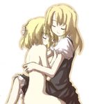  alice_margatroid blonde_hair clothed_female_nude_female couple hug kirisame_marisa multiple_girls nude sakuraba_yuuki simple_background touhou yuri 