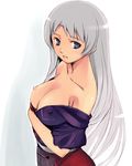  alternate_hairstyle areolae bangs blue_eyes breast_hold breast_slip breasts cleavage clothes_down collarbone covered_nipples grey_hair hair_down large_breasts long_hair looking_at_viewer nipples no_bra off_shoulder one_breast_out open_clothes open_mouth open_shirt shirt simple_background solo standing straight_hair touhou very_long_hair white_background yagokoro_eirin yuu_(kfc) 