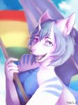  2017 5_fingers anthro black_lips blue_hair digital_media_(artwork) dragon gay_pride hair heterochromia horn open_mouth pride_flag rainbow_flag rainbow_symbol ravoilie smile teeth tongue 