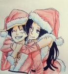  1boy 1girl artist_request black_hair blue_eyes boa_hancock christmas hat long_hair monkey_d_luffy one_piece santa_hat smile 