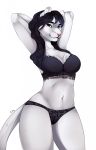  anthro black_hair bra cat clothed clothing eyelashes feline female green_eyes hair hands_behind_head kristiana_puff looking_at_viewer mammal midriff navel panties pinup pose simple_background solo standing underwear white_background 