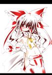  anger_vein annoyed ascot blush bow brown_eyes brown_hair cravat dress frown hair_ribbon hair_tubes hakurei_reimu hands_on_hips long_hair long_sleeves midriff naked_necktie navel red_dress ribbon shirogane_(platinum) solo touhou 